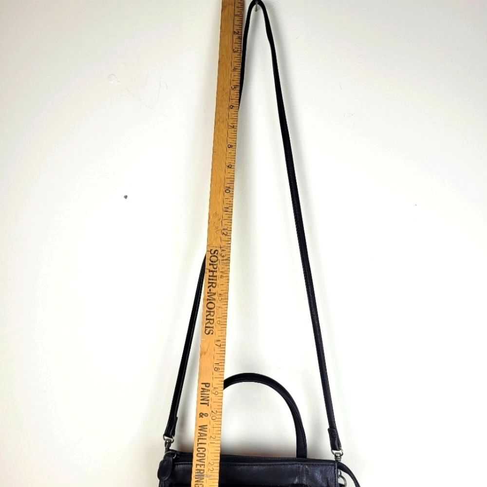 Small Black Leather Cross Body Compact purse handles long strap office classic - Picture 3 of 13